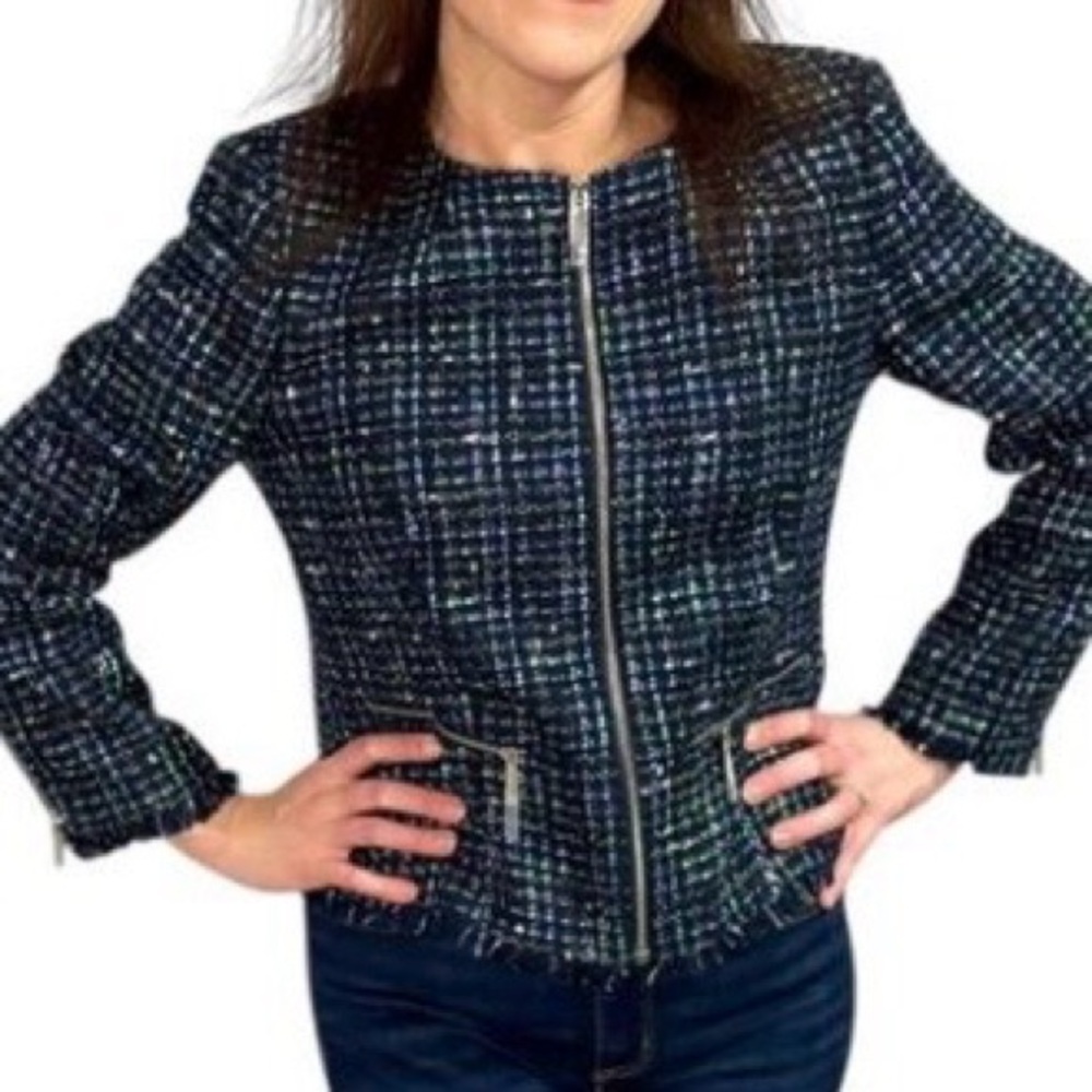 NWT Ted Baker Blazer - Size 8 - Teal Tweed w/ Zipper Details - Picture 4 of 16